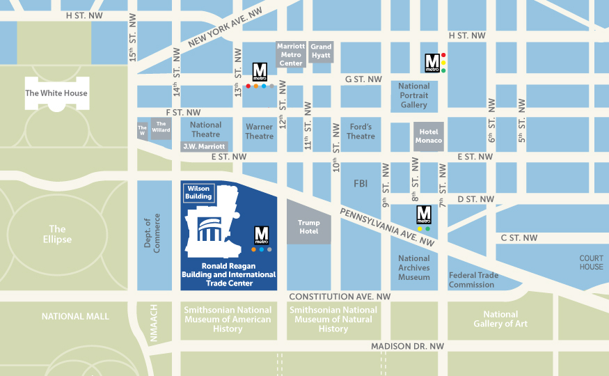 map of DC showing Ronald Reagan building at 14th Street and Constitution Avenue
